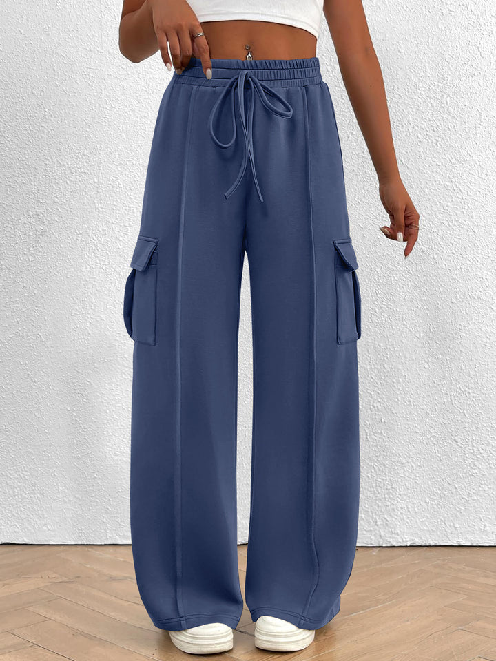 Damen Weite Cargo-Loungehose mit Tunnelzugbund und aufgesetzten Pattentaschen Drune