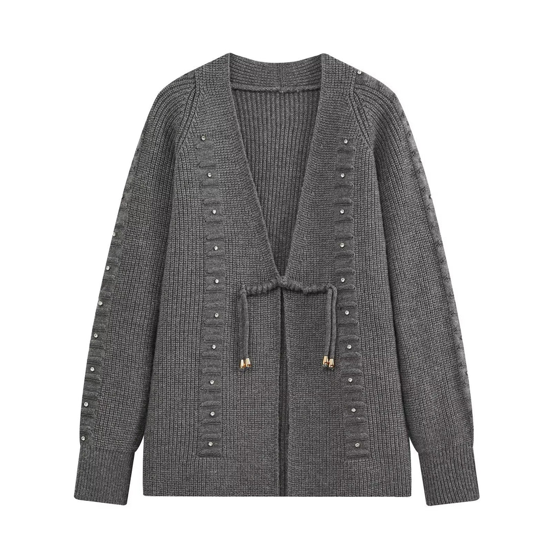 Damen Grobgestrickter Longcardigan mit Ziersteinen und Kordelbindung Drune