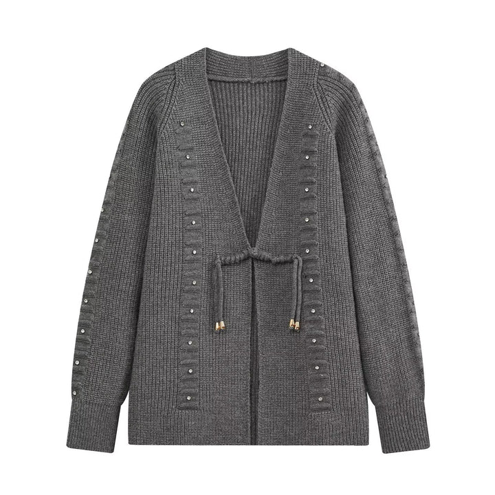 Damen Grobgestrickter Longcardigan mit Ziersteinen und Kordelbindung Drune