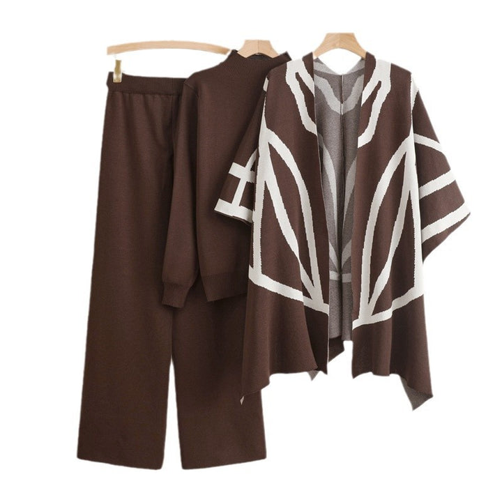 Damen trendiges Strick-Loungewear-Set mit grafischem Poncho-Design Drune