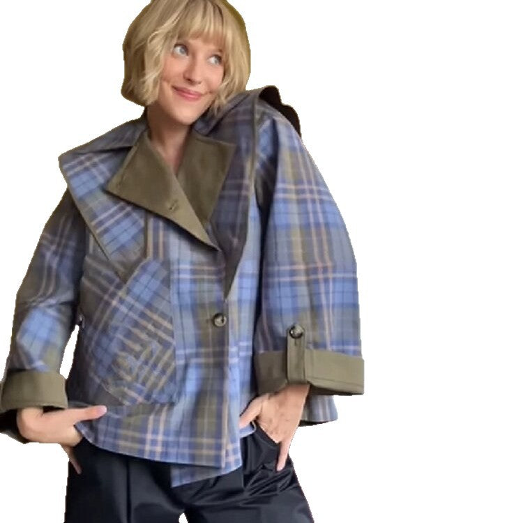 Damen Karierte Überjacke mit weitem Schnitt und klassischen Reverskragen Drune