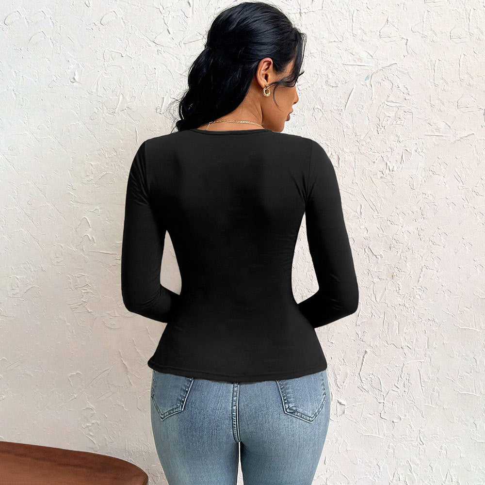 Damen asymmetrisches Langarm-Shirt mit diagonalem Cut-Out, taillierter Seitenraffung und spitz zulaufendem Zipfel-Saum Drune