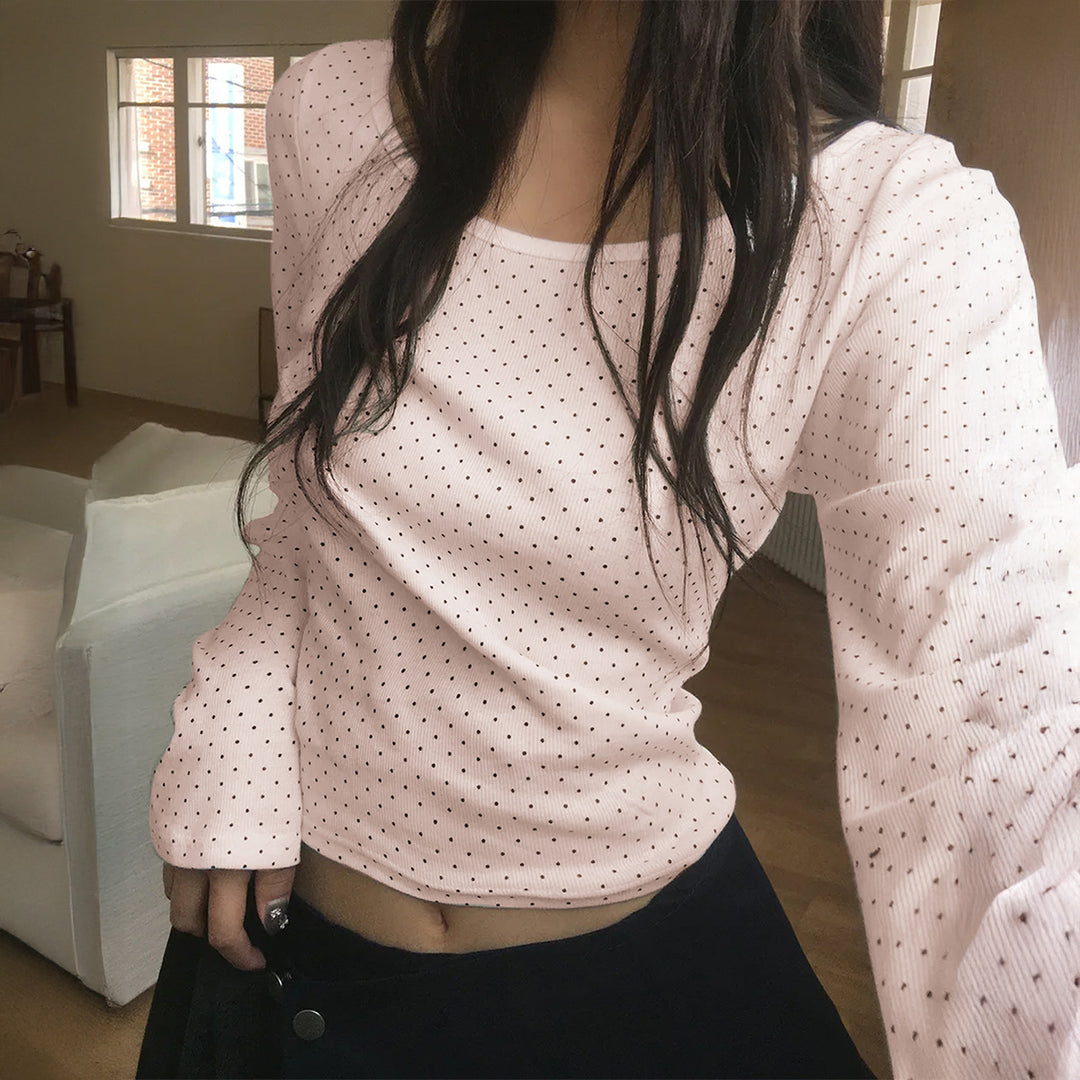 Damen nan geripptes Crop-Longsleeve mit feinem Pünktchenmuster und U-Ausschnitt Drune