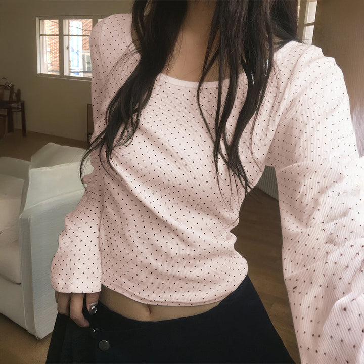 Damen nan geripptes Crop-Longsleeve mit feinem Pünktchenmuster und U-Ausschnitt Drune