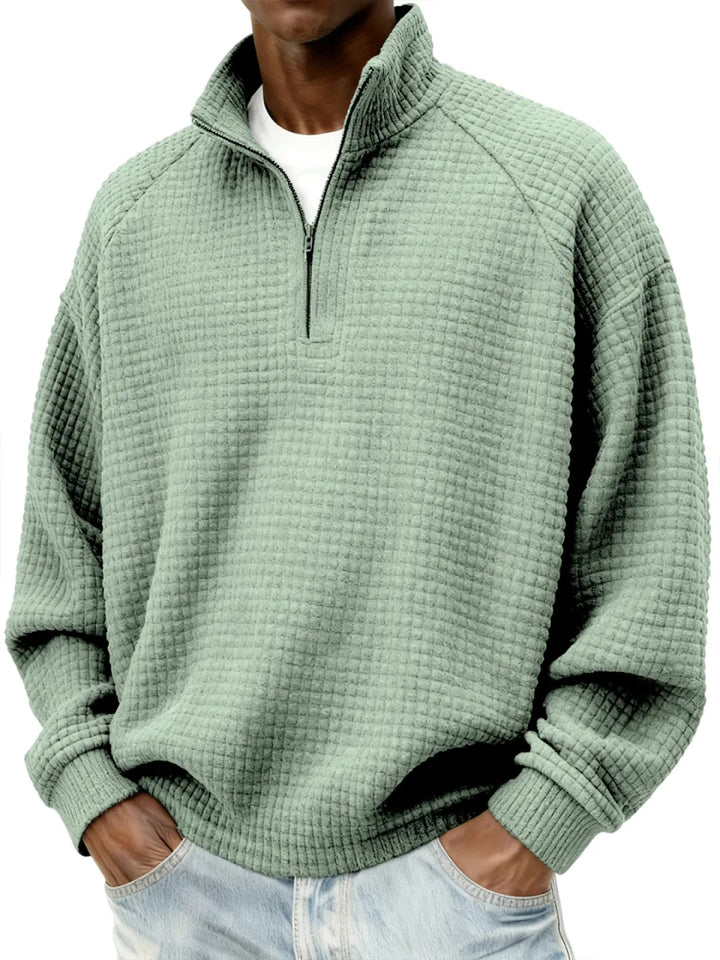 Herren Waffelstrick-Oversize-Pullover mit Halbreißverschluss und Stehkragen Drune
