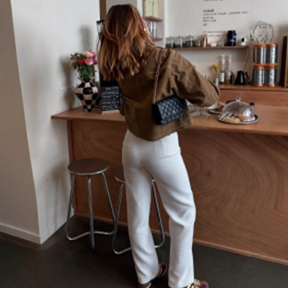 Damen Boxy-Veloursleder-Blouson mit Kontrastnähten und frontalem Reißverschluss Drune