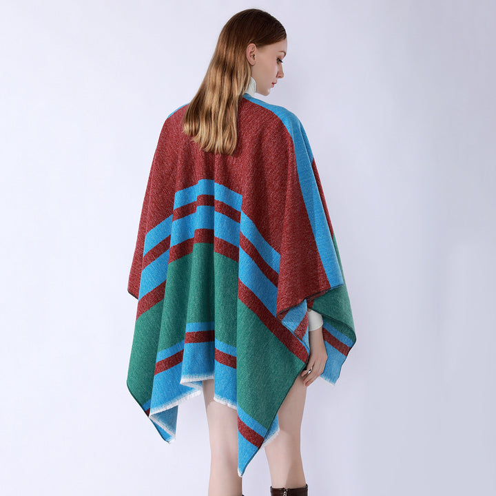 Damen Leichter Capeponcho aus Feinstrick mit geometrischem Blockstreifen-Design Drune