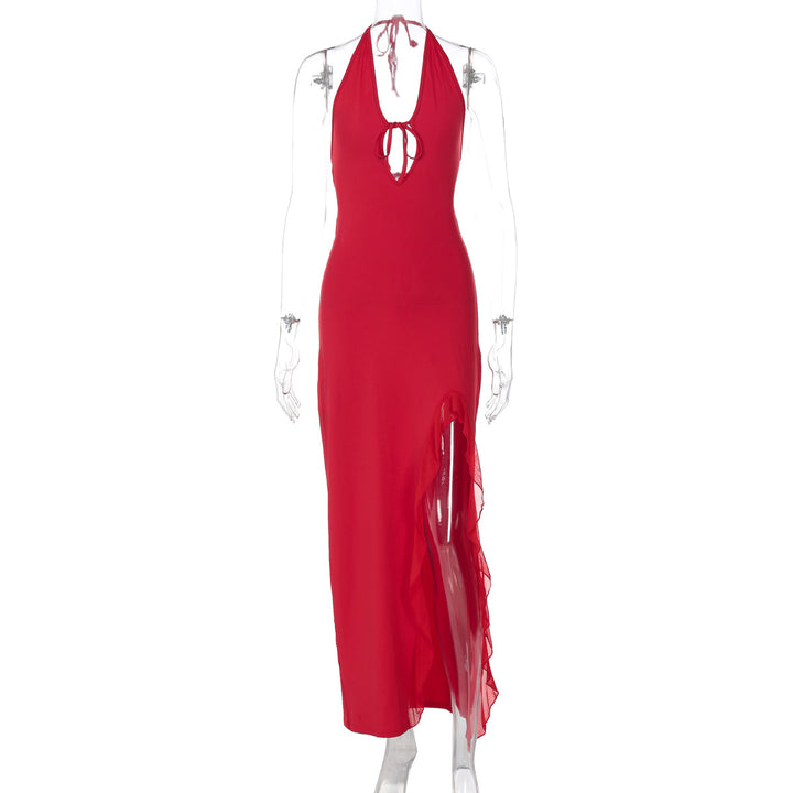 Damen elegantes Halterneck Maxikleid mit seitlichem Rüschen-Schlitz und tiefem V-Ausschnitt Drune