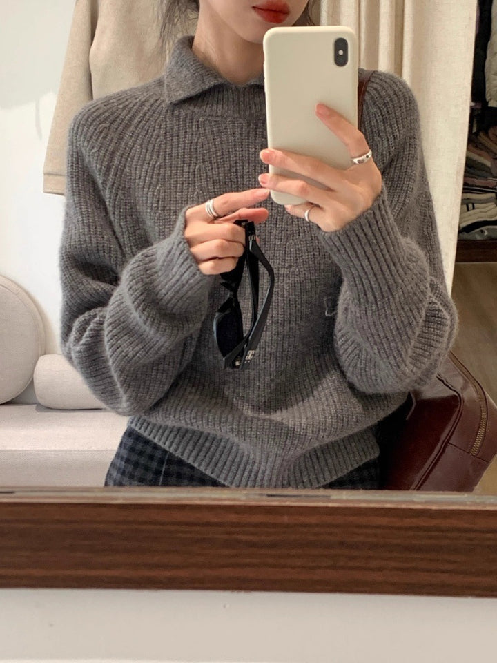 Damen Oversize-Polokragen Feinstrickpullover mit geripptem Saum und kaschmirähnlicher Haptik Drune