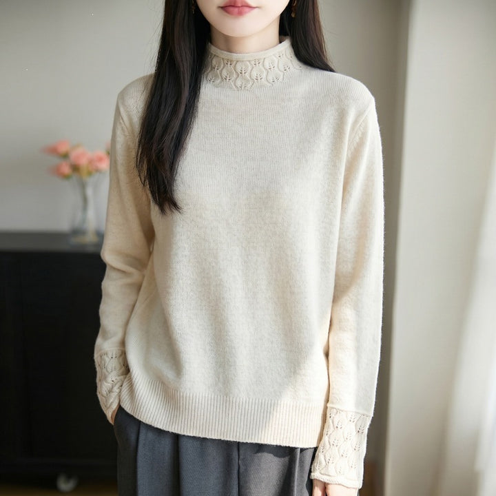 Damen Mockneck-Feinstrickpullover mit Ajour-Detail an Kragen und Bündchen Drune