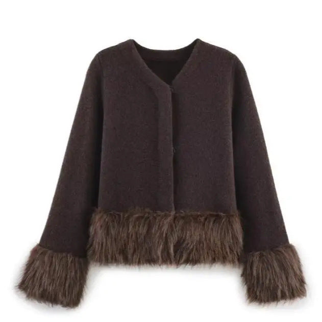 Damen nan kurze Wolljacke mit flauschigem Kunstfellbesatz am Saum und Ärmeln Drune