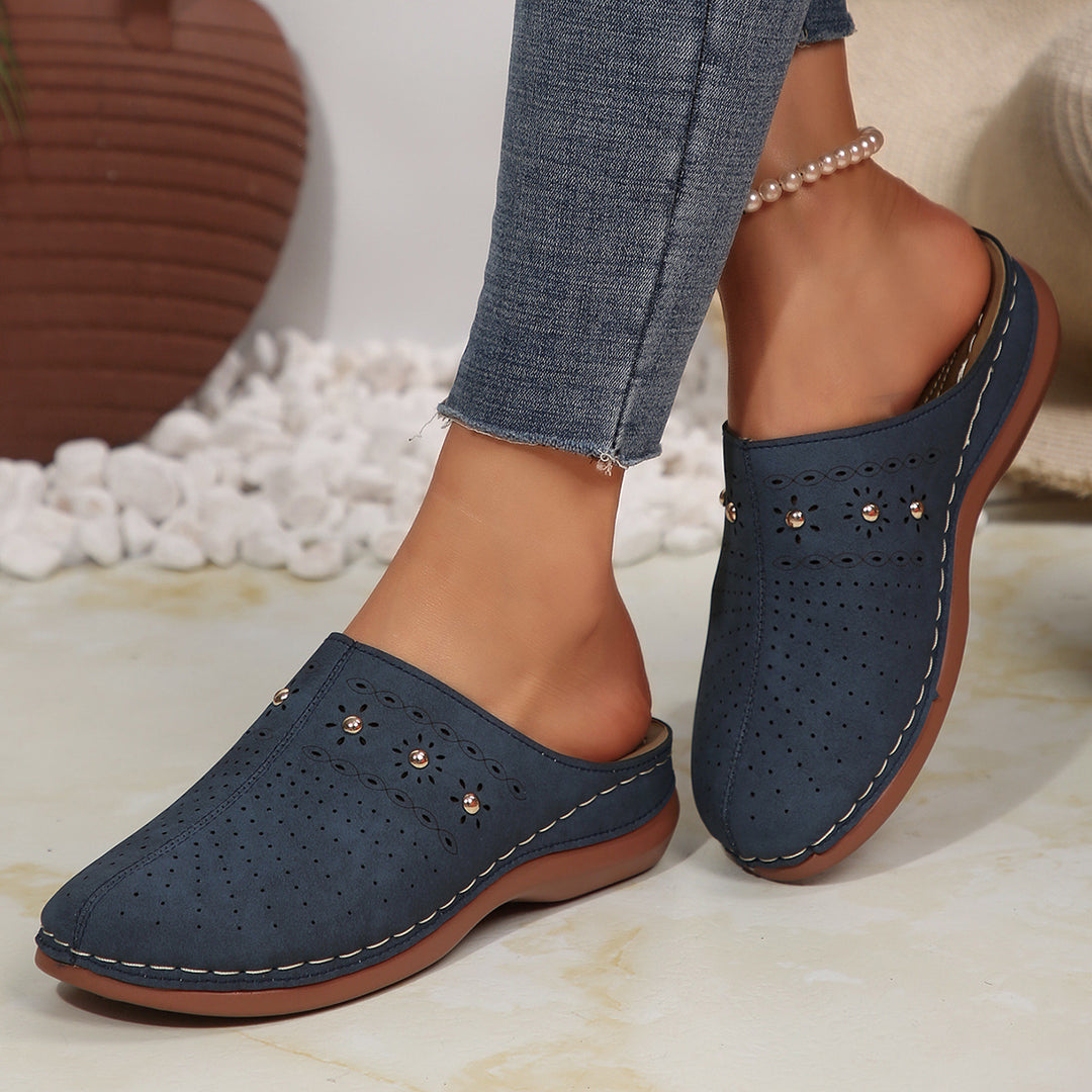 Damen  gepolsterte Mule-Pantoletten mit feiner Laserperforation, dekorativen Nieten und ergonomischer Memory-Innensohle Drune