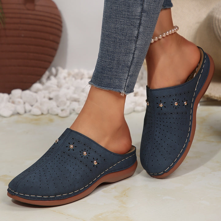 Damen  gepolsterte Mule-Pantoletten mit feiner Laserperforation, dekorativen Nieten und ergonomischer Memory-Innensohle Drune