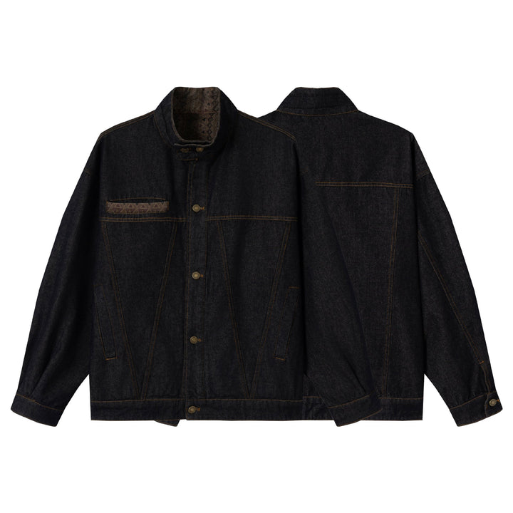 Unisex Oversized Denim-Blousonjacke mit Funnelkragen und dekorativer Brustblende Drune