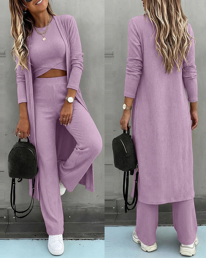 Damen Dreiteiliges Rippstrick-Loungewear-Set mit Longcardigan, bauchfreiem Top und weiter Palazzohose Drune