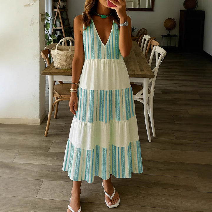 Damen Sommerliches Maxikleid mit tiefem V-Ausschnitt und breitem Rock Drune