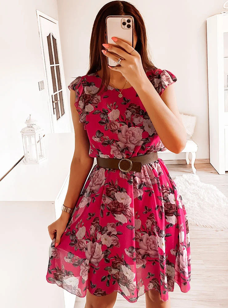 Drune | Elegante Kleid Ohne Ärmel Blumen mit V-Ausschnitt und Gürtel