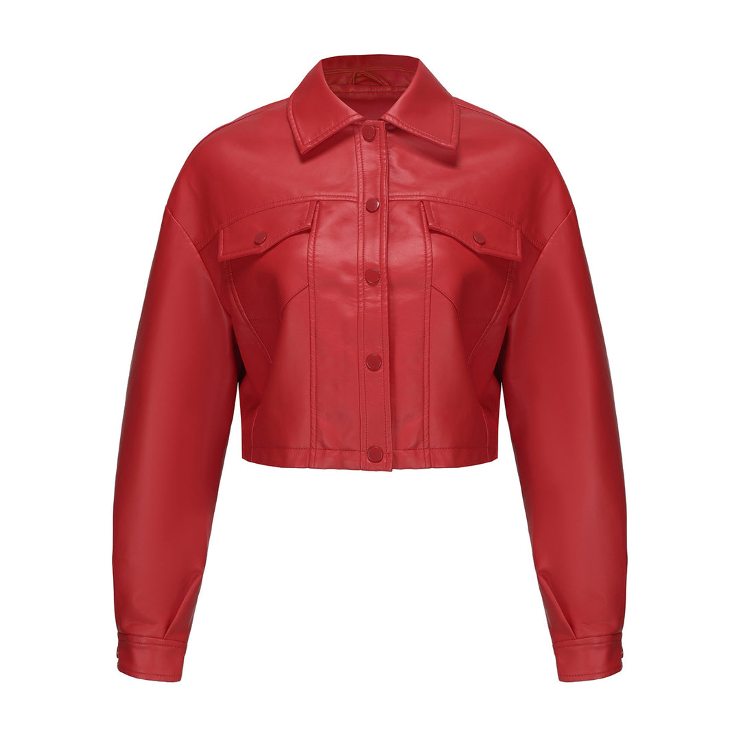 Damen nan kurze Oversized-Kunstlederjacke im Trucker-Stil mit Pattentaschen und verdeckter Druckknopfleiste Drune