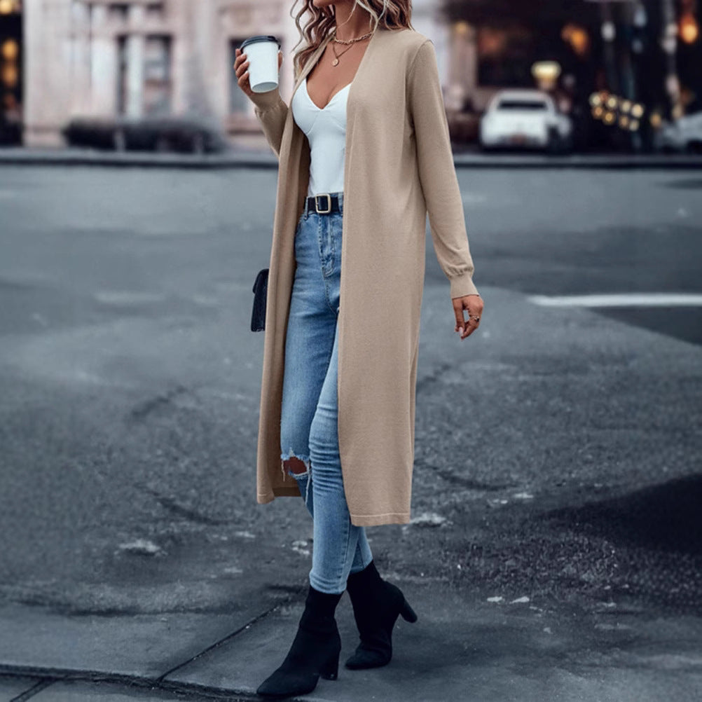 Damen nan langer Feinstrick-Cardigan im Duster-Stil mit offenem Fall und schmaler Ärmelpartie Drune
