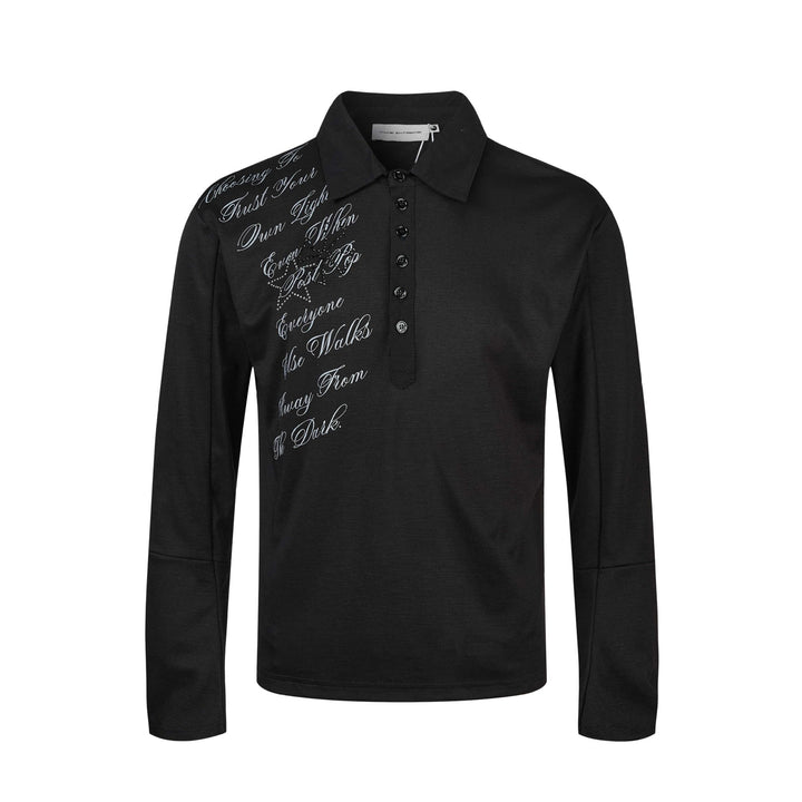 Damen Poloshirt-Langarmshirt mit Hemdkragen, Schriftprint und Strass-Applikation Drune