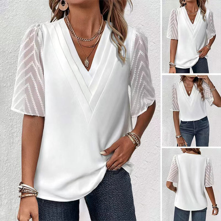 Damen nan V-Ausschnitt-Bluse mit plissierter Passe und transparenten Zickzack-Ärmeln Drune