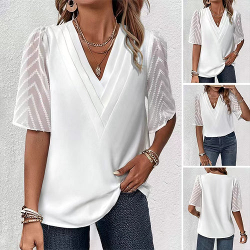 Damen nan V-Ausschnitt-Bluse mit plissierter Passe und transparenten Zickzack-Ärmeln Drune