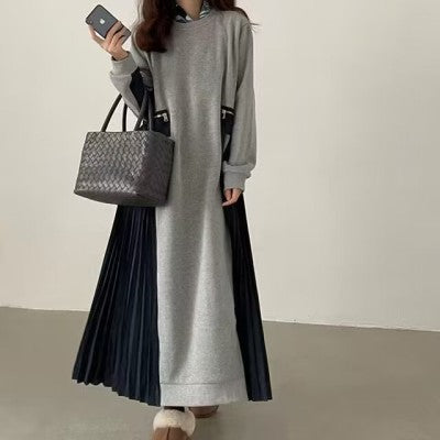 Damen Langes Oversize-Sweatkleid mit Rundhalsausschnitt, plissierten Seiteneinsätzen und Eingrifftaschen Drune