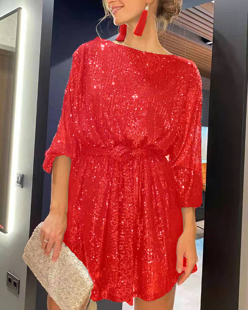 Damen Glamouröses Cocktailkleid mit funkelnden Lurex-Fäden und elastischem Taillengürtel Drune