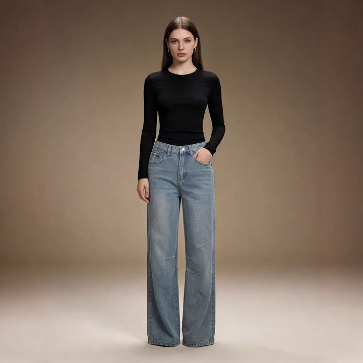 Damen nan schlichtes langarm-Feinstrickshirt mit Rundhalsausschnitt, leicht taillierter Silhouette und elastischem Tragekomfort Drune