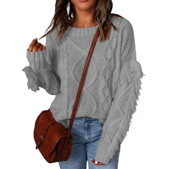 Damen Grobstrick-Pullover mit Zopfstruktur, fransigen Ärmeln und legerer Oversize-Passform Drune