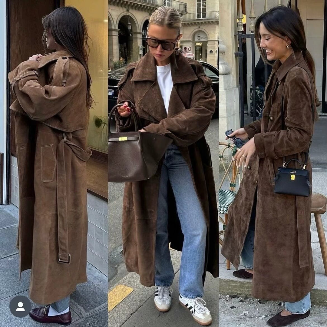 Damen Modischer Trenchcoat im eleganten Wildlederdesign mit praktischem Gürtel Drune