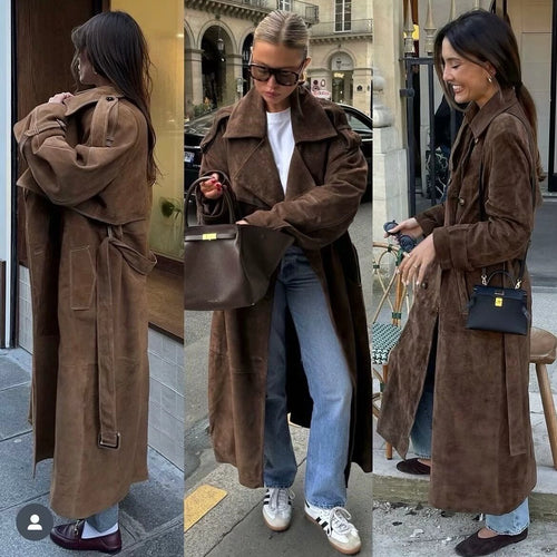Damen Modischer Trenchcoat im eleganten Wildlederdesign mit praktischem Gürtel Drune