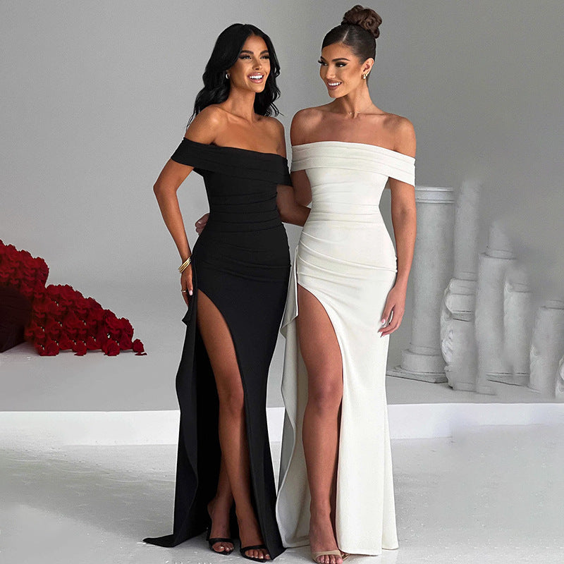 Damen elegantes schulterfreies Wickelkleid mit hohem Schlitz Drune