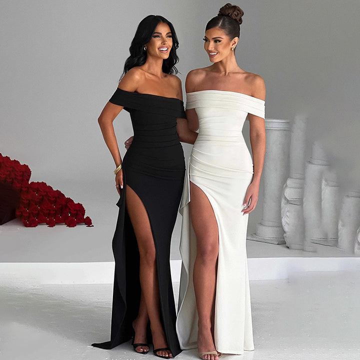 Damen elegantes schulterfreies Wickelkleid mit hohem Schlitz Drune