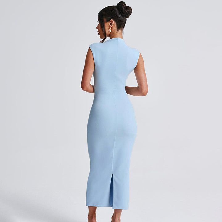 Damen figurbetontes Maxikleid mit elegantem Stehkragen Drune
