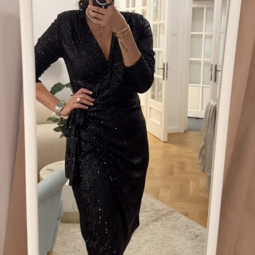 Damen Glamouröses Pailletten-Kleid mit Wickeloptik und langen Ärmeln Drune