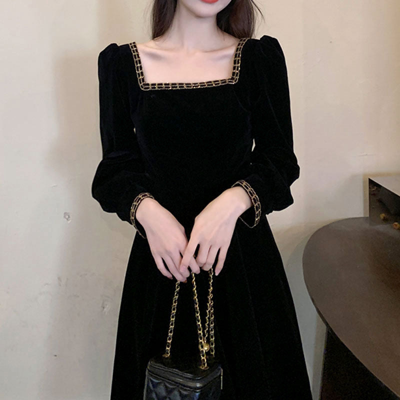 Damen elegantes Samt-Midi-Kleid mit quadratischem Ausschnitt und Puffärmeln