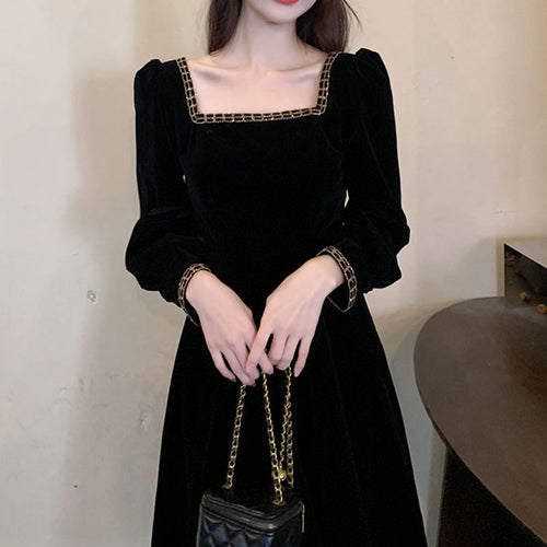 Damen elegantes Samt-Midi-Kleid mit quadratischem Ausschnitt und Puffärmeln
