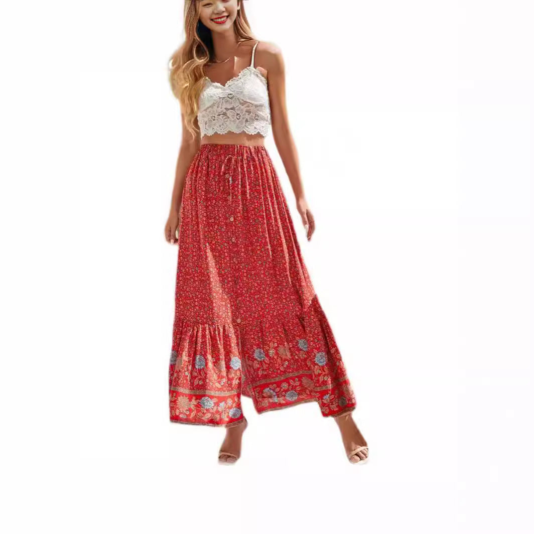 Damen Maxirock mit floralem Design und romantischem Volant Drune