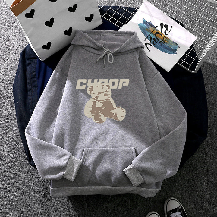 Damen nan Oversize-Kapuzenpullover mit Kängurutasche, vintage-inspirierter Teddy-Print und weichem French-Terry-Futter Drune
