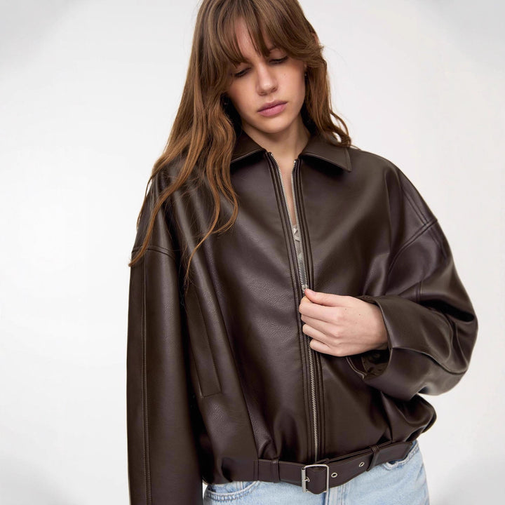 Damen lässige Kunstlederjacke mit breitem Kragen und Gürtel Drune