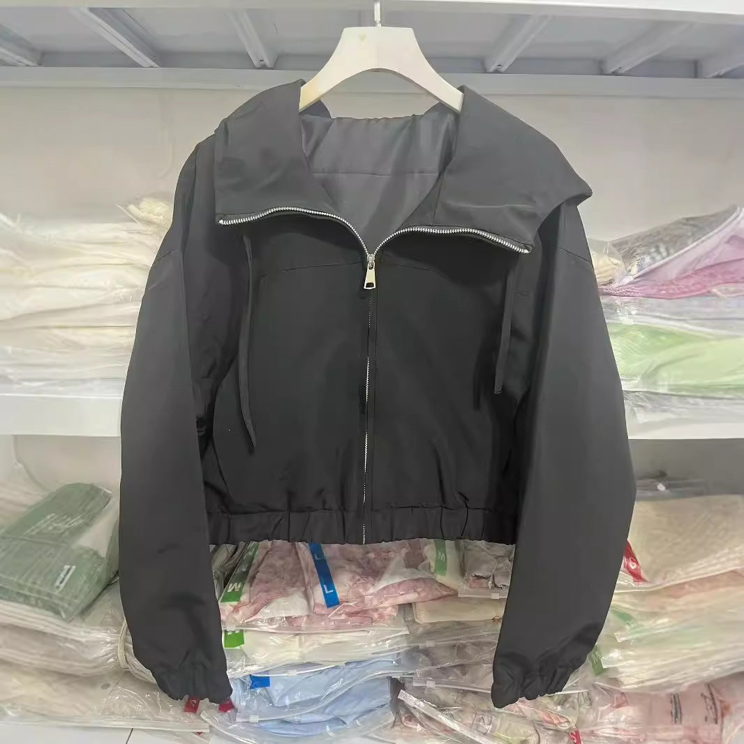 Damen nan kurzgeschnittene Kapuzen-Windjacke mit verdecktem Reißverschluss elastischem Saum und cleanem Oversize-Schnitt Drune