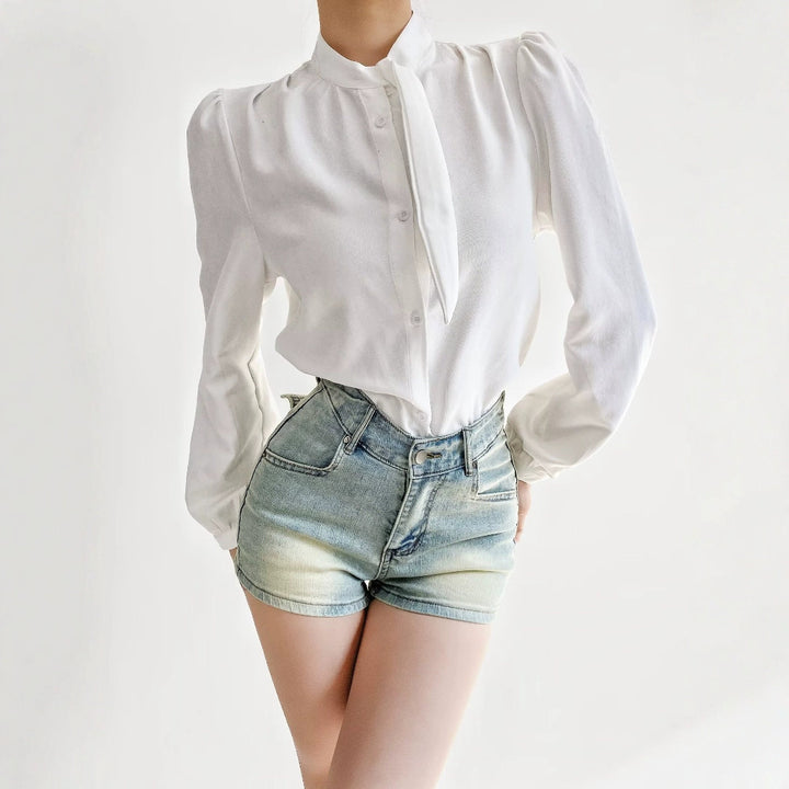 Damen Bluse mit Bindegurt und eleganten Puffärmeln Drune