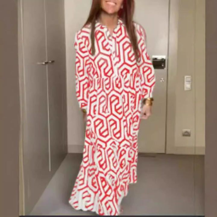 Damen nan langes Hemdkragen-Stufenkleid mit geometrischem Alloverprint und geraffter Taillenpasse Drune