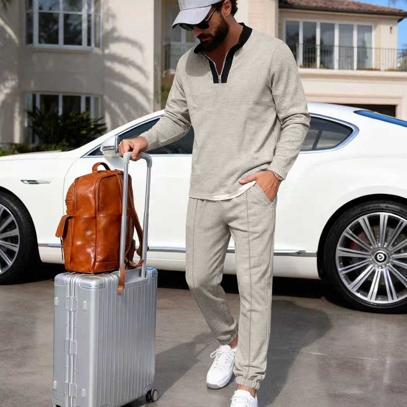 Herren Leichtes Henley-Loungewear-Set mit Kontrastkragen, Tunnelzug-Jogger und elastischen Bündchen Drune