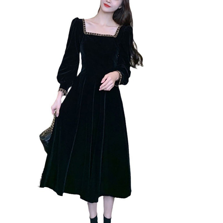 Damen elegantes Samt-Midi-Kleid mit quadratischem Ausschnitt und Puffärmeln
