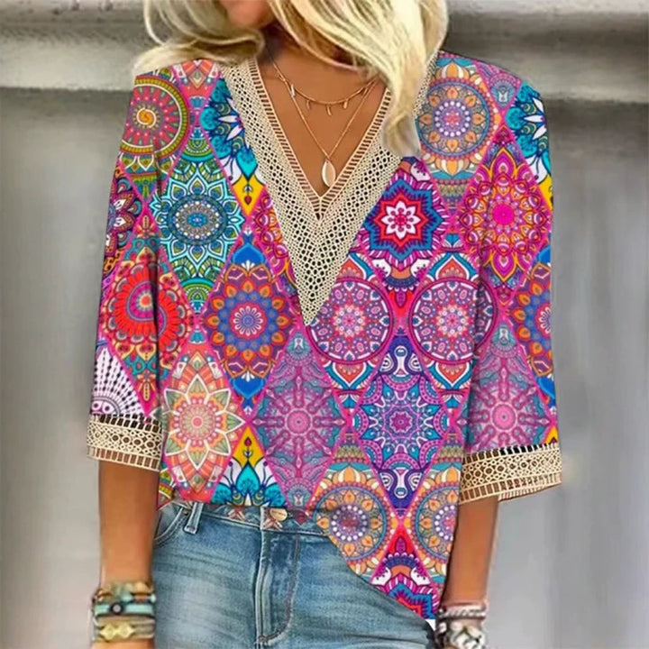 Damen nan locker fallende Mandala-Patchwork-Tunika mit tiefem V-Ausschnitt und Häkelspitzenbesatz Drune