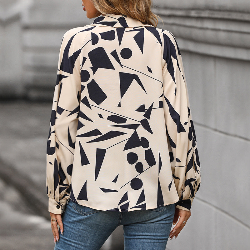 Damen Elegante Bluse mit geometrischem Muster und Ballonärmeln Drune