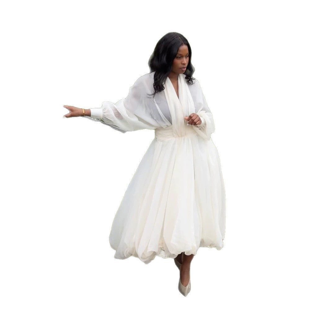 Damen Luftiges Plissiertes Maxikleid mit Ballon‑Saum, V‑Ausschnitt und Schalkragen Drune