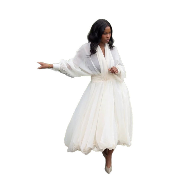 Damen Luftiges Plissiertes Maxikleid mit Ballon‑Saum, V‑Ausschnitt und Schalkragen Drune